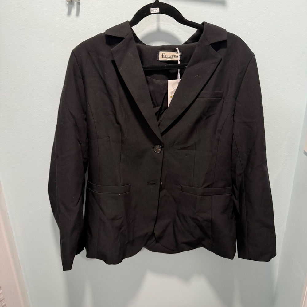 ELLEVEN E159 Blazer Jacket Large Black Polyester Rayon Two Button NWT
